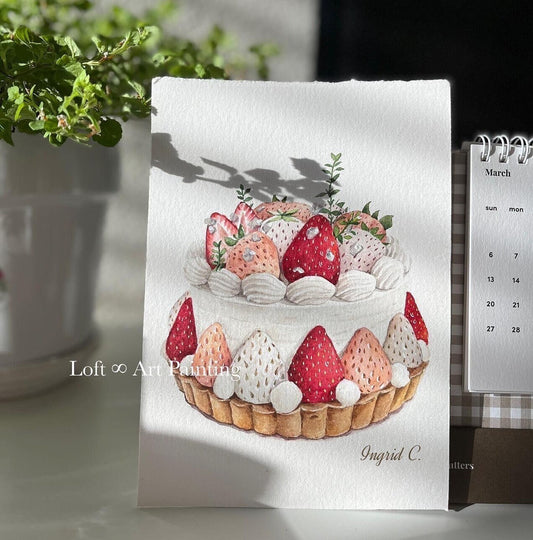 Strawberry Cake Dessert - Original Painting (5 x 7 Inches)